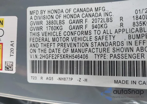 2024 Honda Civic Sport из США, поврежденный, VIN 2HGFE2F5XRH546406